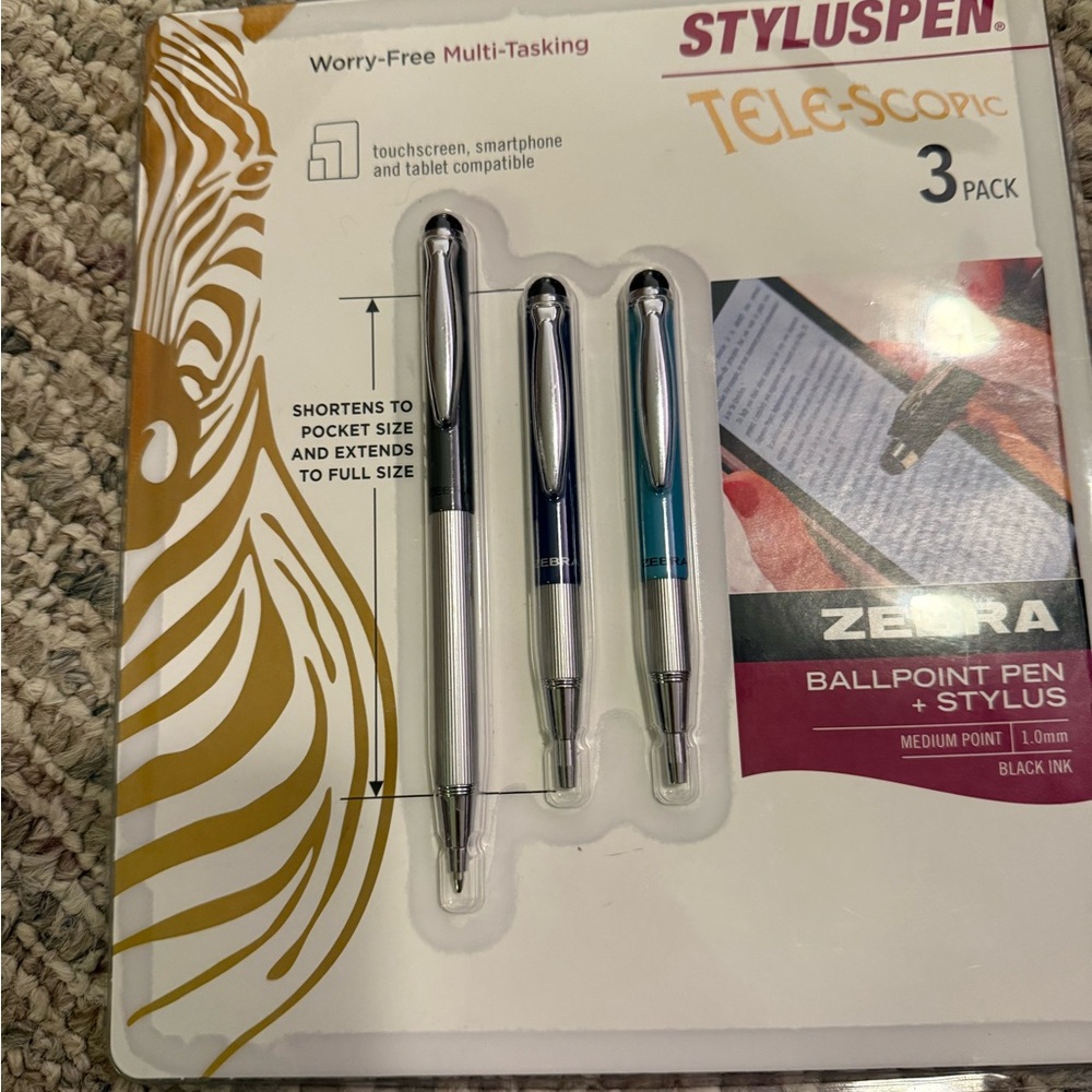 Zebra Telescopic Ballpoint Pen and Stylus 3-Pack